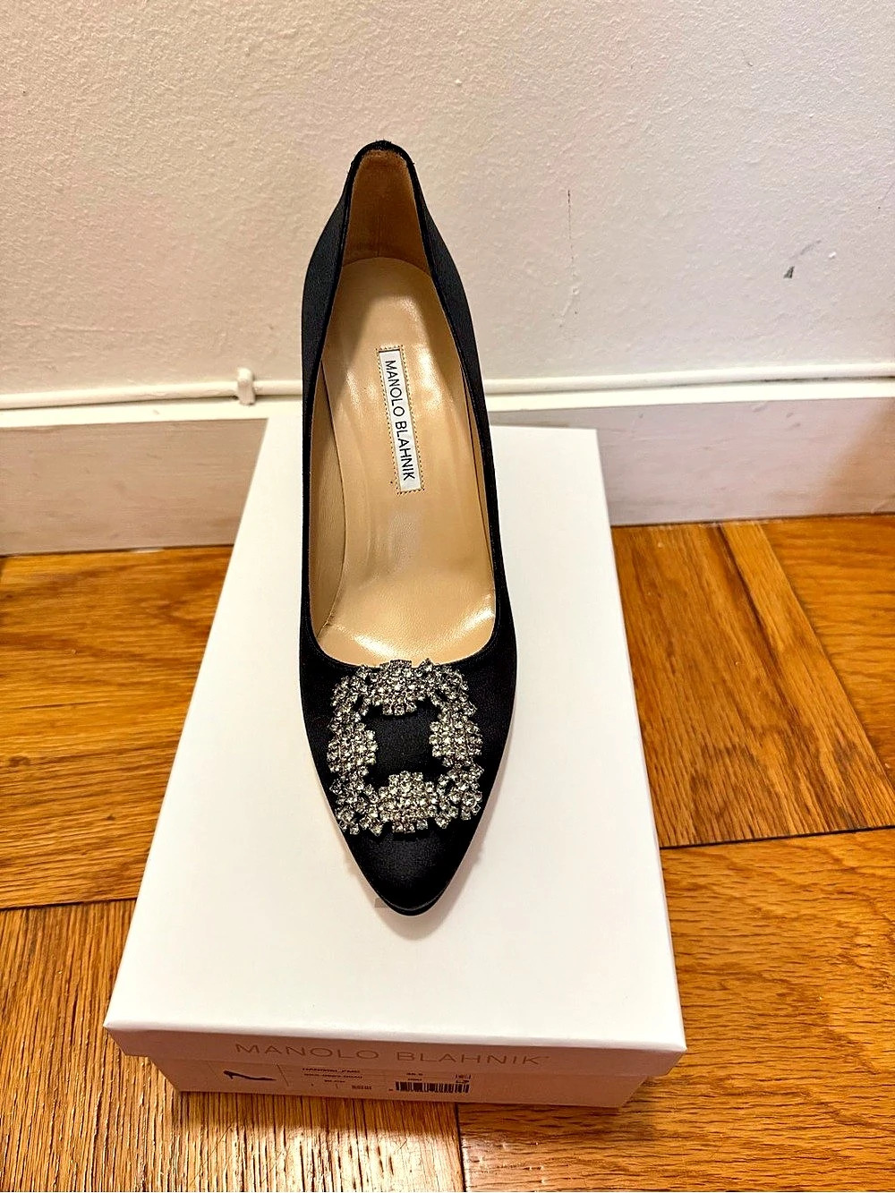 Manolo Blahnik Hangisi 70 Black Satin Crystal-Buckle Pumps Black Satin Pumps EU